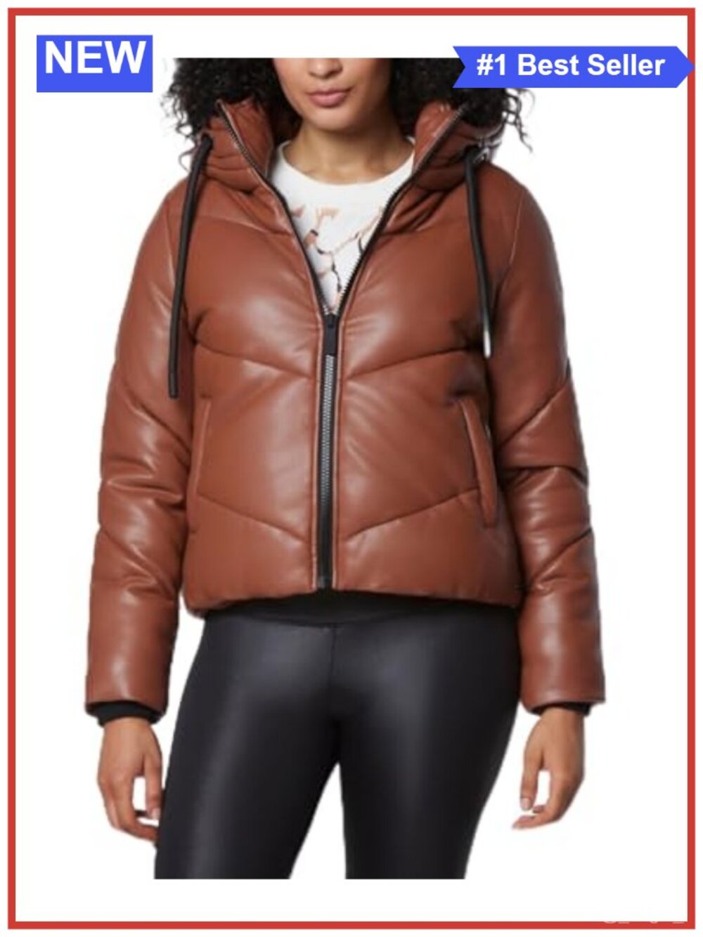Women's Faux Leather Hooded Puffer Jacket Zip Closure Cold Weather Coat